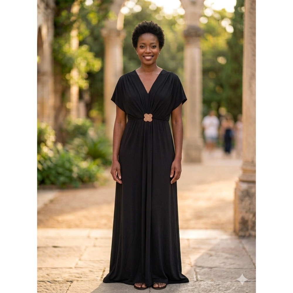 Koh Koh Women's Black Maxi Dress with Medallion  Size 3X Short Sleeve Stretch